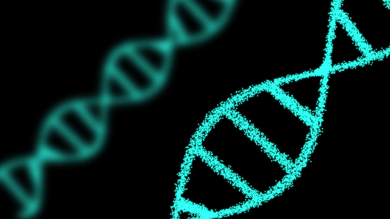 Animazione 2D di due DNA composti da particelle su sfondo nero. 60FPS. L'oggetto è obliquo. Il fuoco è sul primo piano.