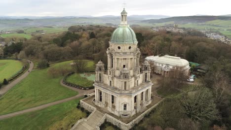 aerial view landmark historical copper dome building ashton memorial english countryside rising pull away