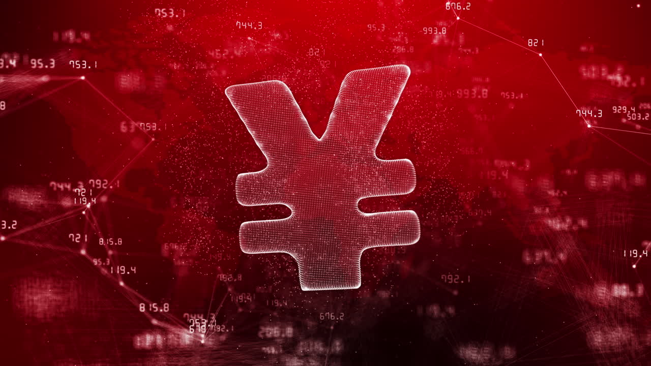 Japanese yen sign on red background with changing financial indicators. Lines and dots with moving numbers. Abstract looped animation.