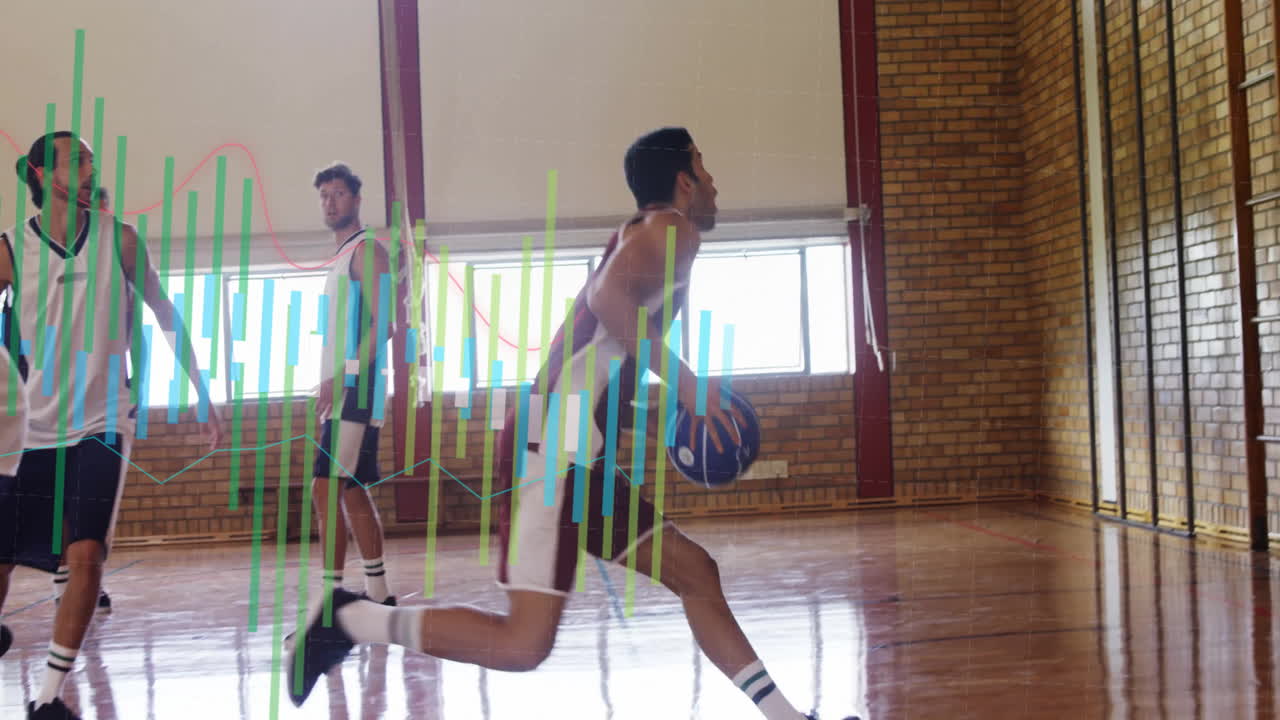 Male player dribbling blue-black ball in gym, showcasing sports analytics overlay with bar chart