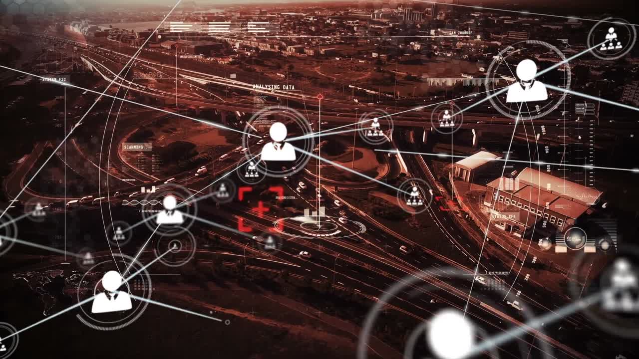 animación de la red de conexiones con iconos sobre el tráfico por carretera