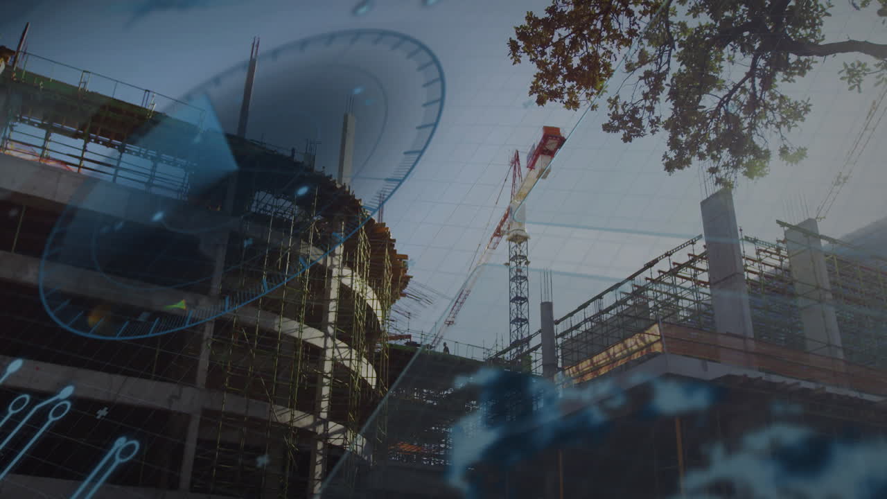 Digital animation overlaying blueprints and gears on construction site with cranes
