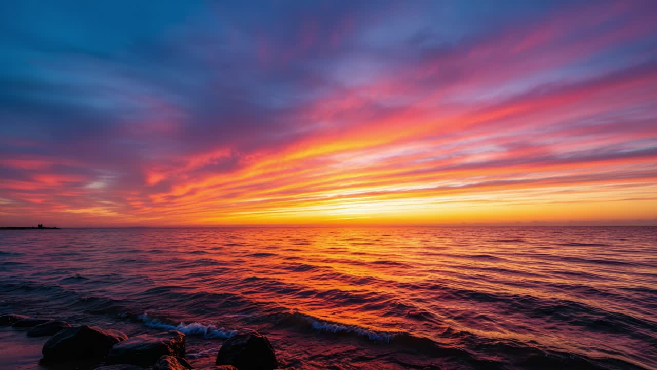 Breathtaking Sunset Over Calm Waters: A Spectacle of Colors Lighting Up the Sky and Reflecting on the Surface of the Tranquil Sea