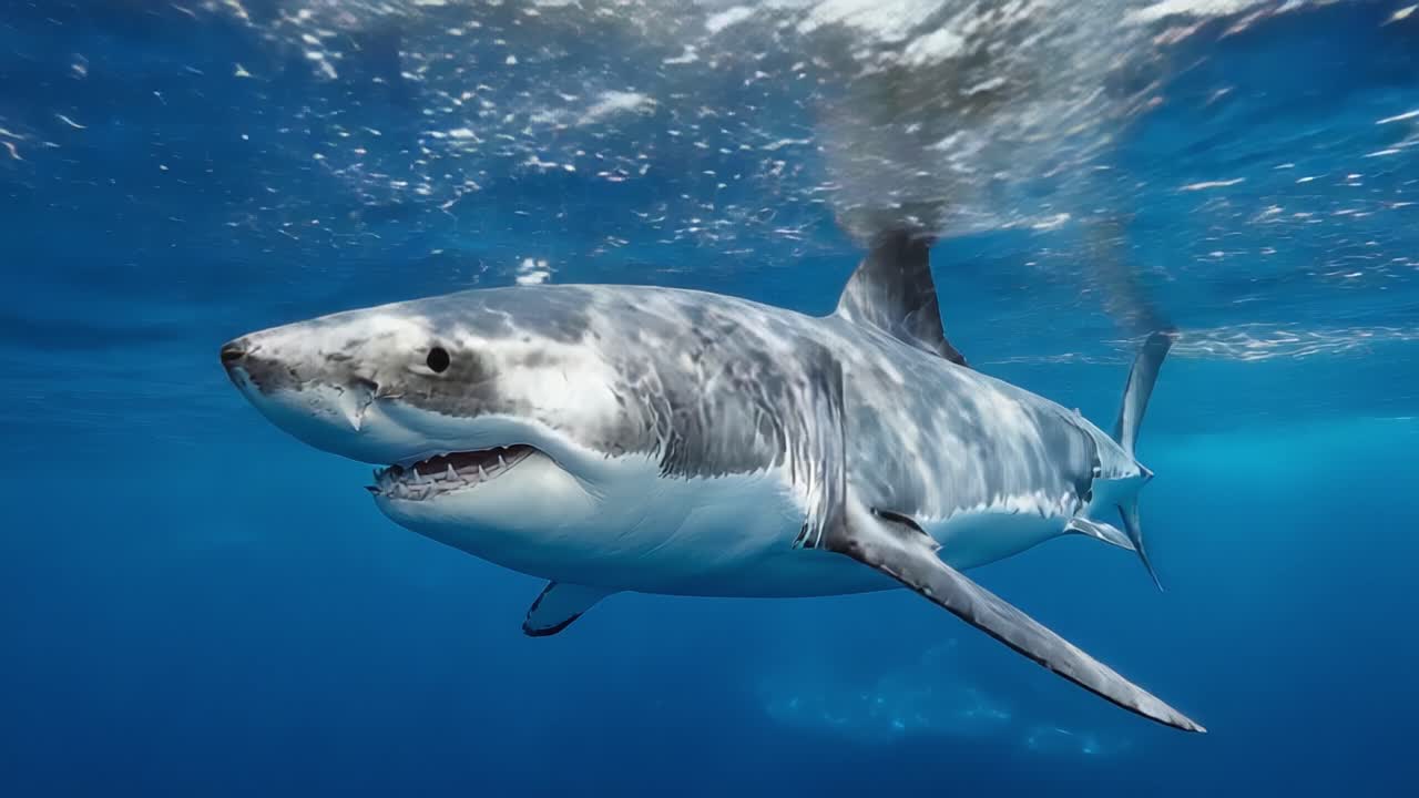 Un viaggio affascinante con gli squali: esplorare la maestosa presenza di un grande squalo bianco sotto le onde blu profonde dell'oceano