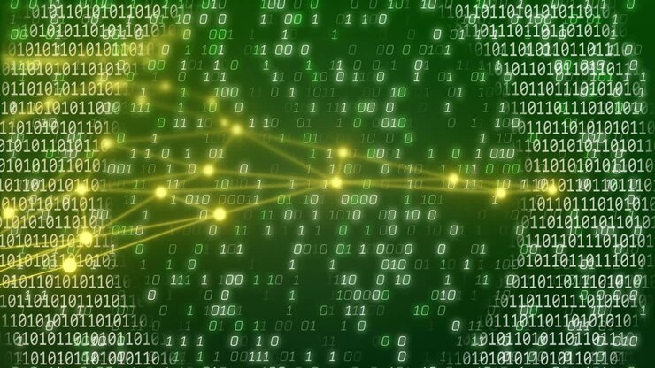 Binary code and network connections, data processing animation over green background