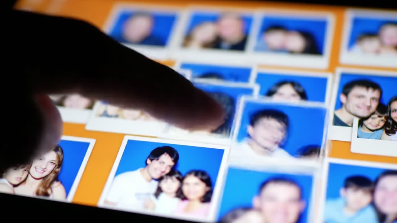 Exploring Memories: A Hand Interacting with a Collection of Colorful Photographs on a Digital Device, Highlighting Connections and Relationships Through Visual Storytelling