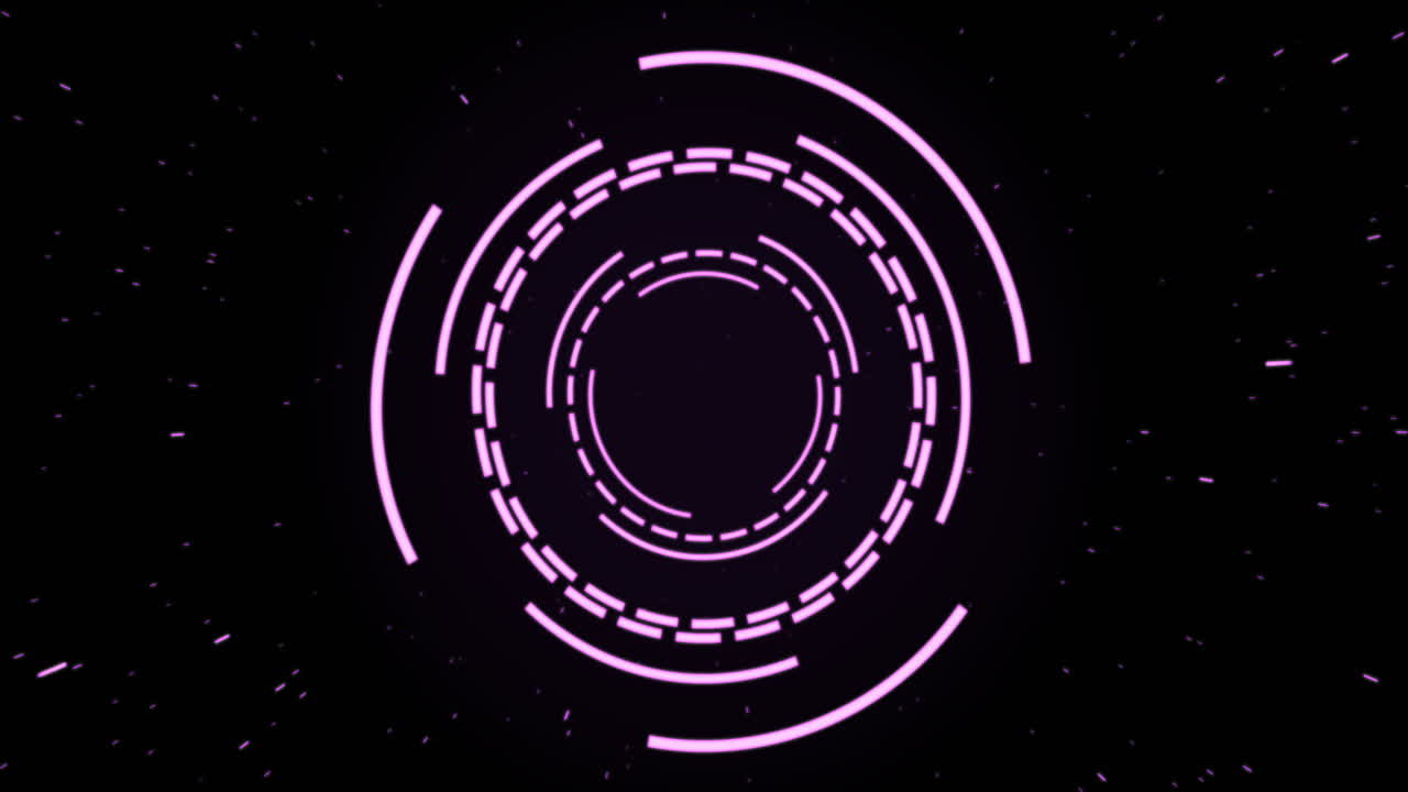 검은 바탕의 반점 위에서 진동하고 회전하는 보라색 원형 인터페이스의 애니메이션
