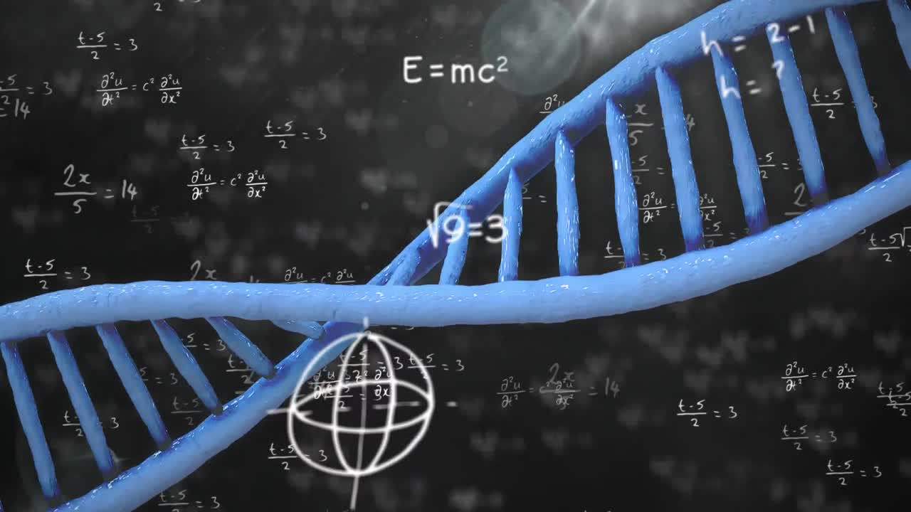 animación de la hilera de adn girando con cálculos en fondo negro. investigación médica global ciencia