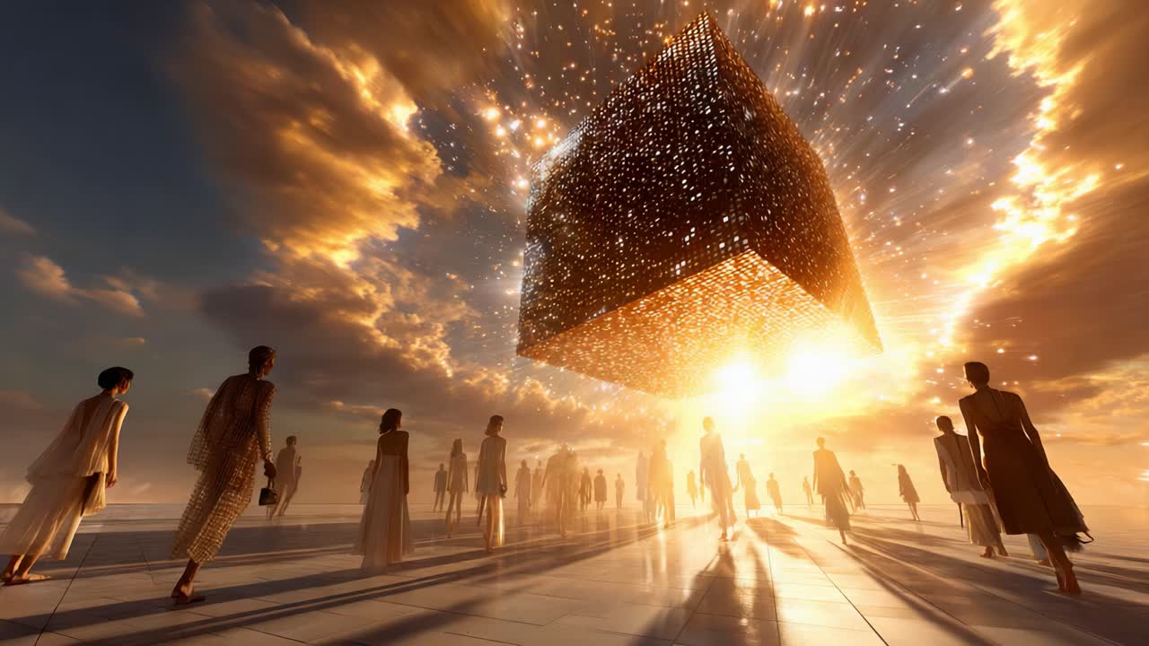 A Surreal Gathering Under a Cosmic Evening Sky: Ethereal Figures Emerge in the Golden Light Surrounding a Glowing, Majestic Cube, Illuminating the Horizon with Hope and Wonderous Potential