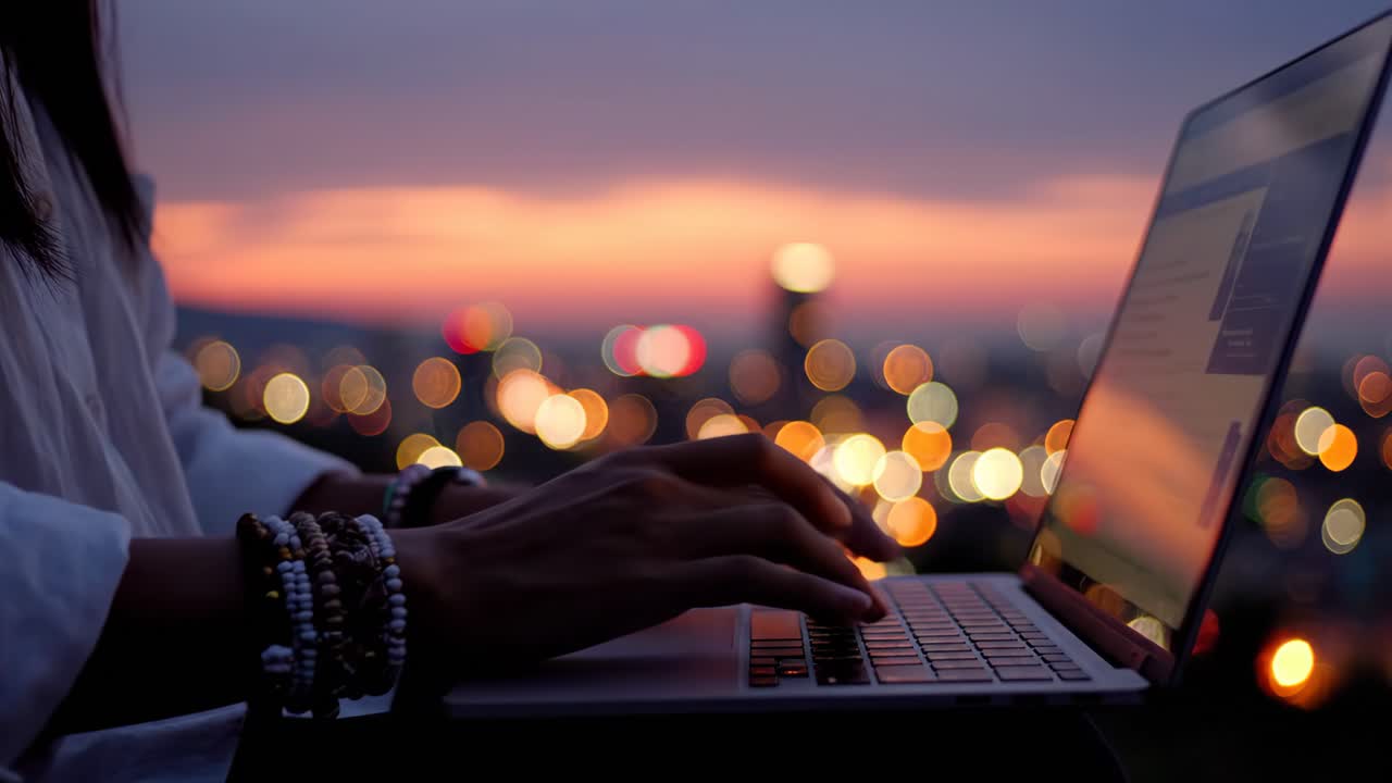Mujer trabajando en un portátil al atardecer con luces de la ciudad de fondo