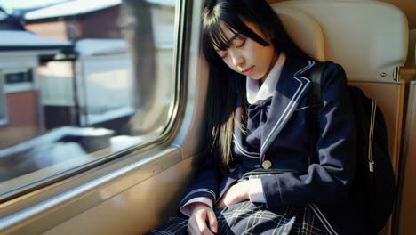 teenage girl sleeping on a train