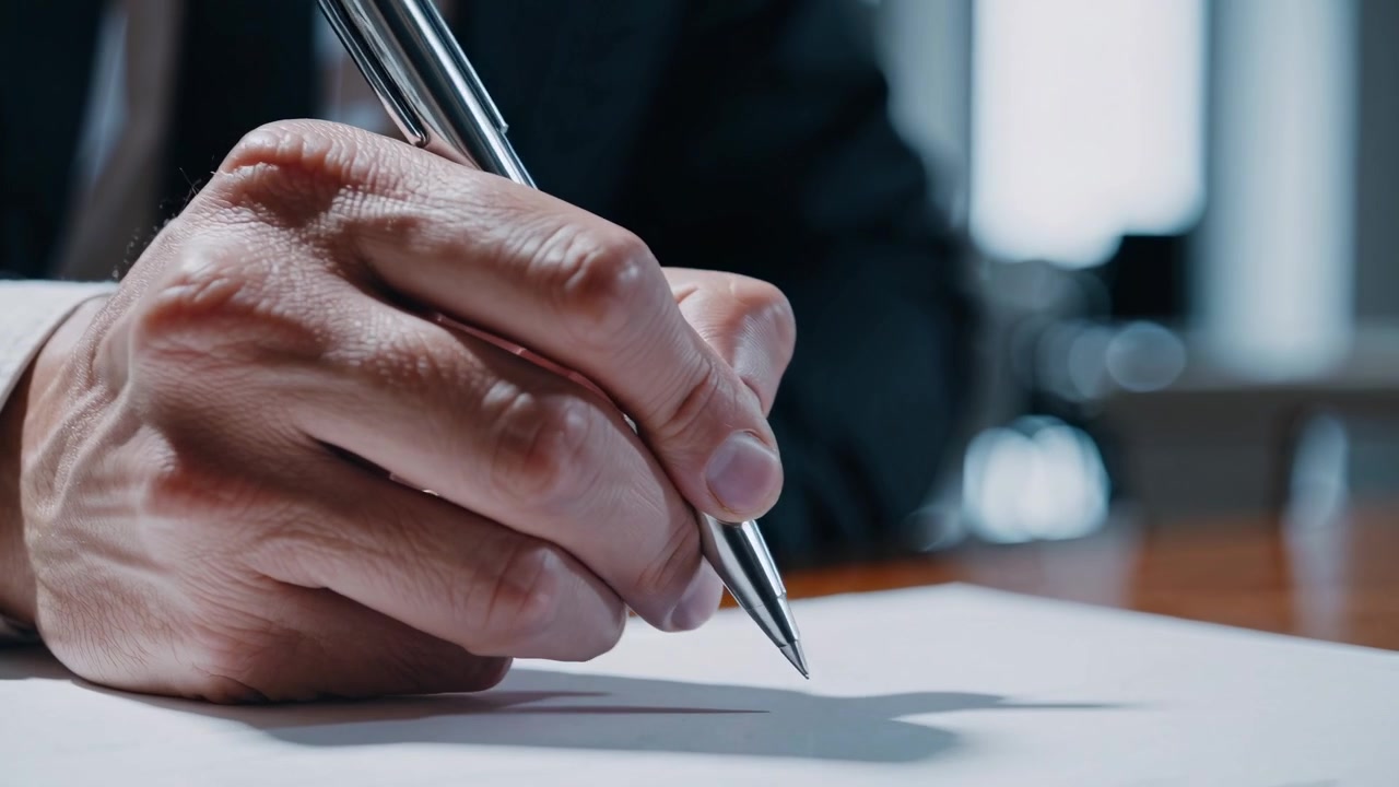Primo piano di una mano che scrive su un documento con una penna