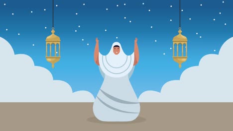 hajj mabrour celebrando con mujeres orando y linternas