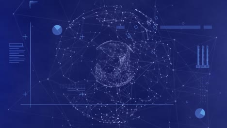 animation of statistics recording over globe of connections on blue background