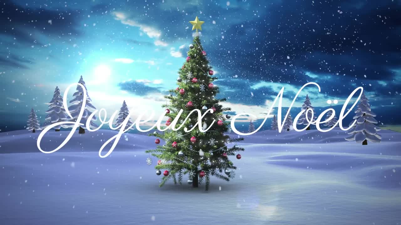 Animation of joyeux noel text over christmas tree and snow falling over winter scenery