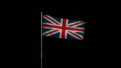 bandera de gran bretaña en el mástil de la bandera ondeando en el viento, animación 3d realista en bucle negro sin costuras, de 20 segundos de duración (el canal alfa está incluido)