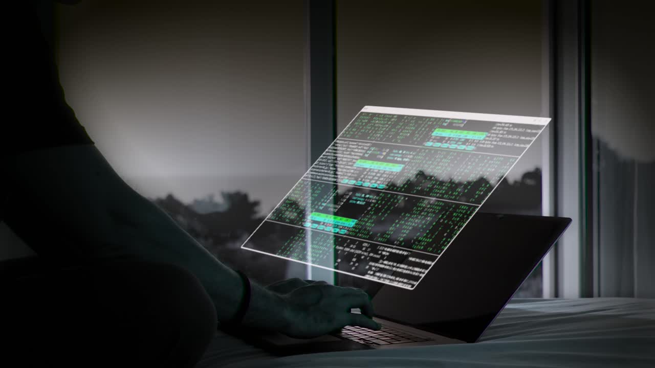 persona escribiendo en una computadora portátil con un holograma de codificación de ciberseguridad