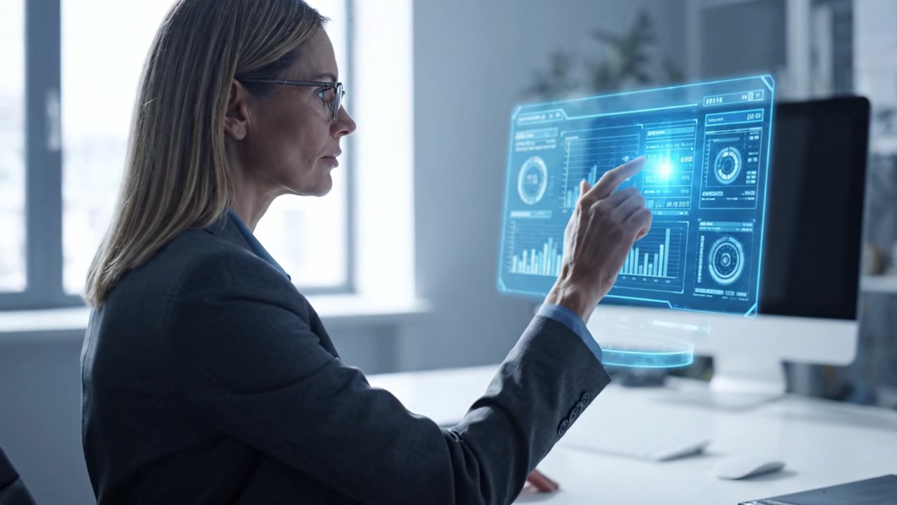 Professional Woman Analyzing Data Through Advanced Technology in a Modern Office Setting with Interactive Infographics Displaying Multiple Systems Metrics