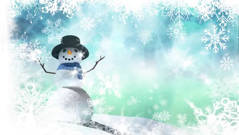 snow falling and snowmen on blue background