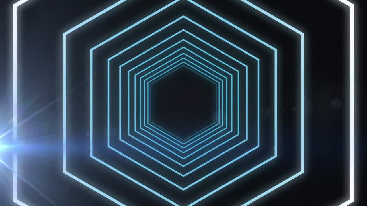 animación digital de formas hexagonales en movimiento sin fisuras contra un punto de luz sobre fondo negro