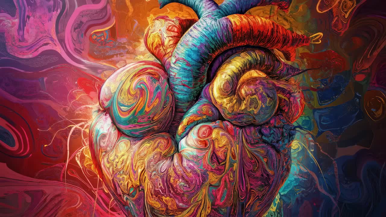 Psychedelic and vibrant, this anatomical heart illustration showcases a unique blend of colors, swirling patterns, and dynamic energy against an abstract background