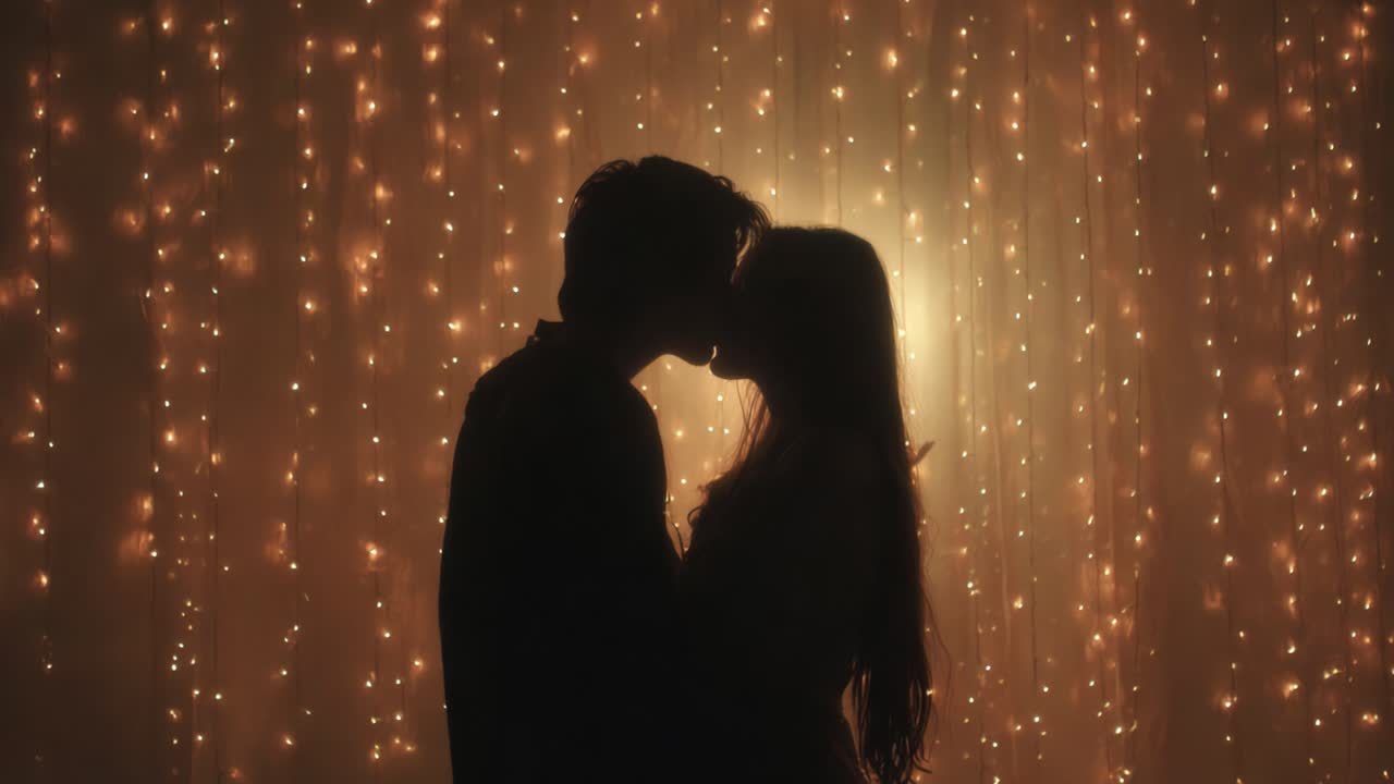 An Enchanting Silhouette of Love: A Sweet Embrace Under Twinkling Lights Captures the Essence of Romance and Connection Between Two Souls in a Magical Moment