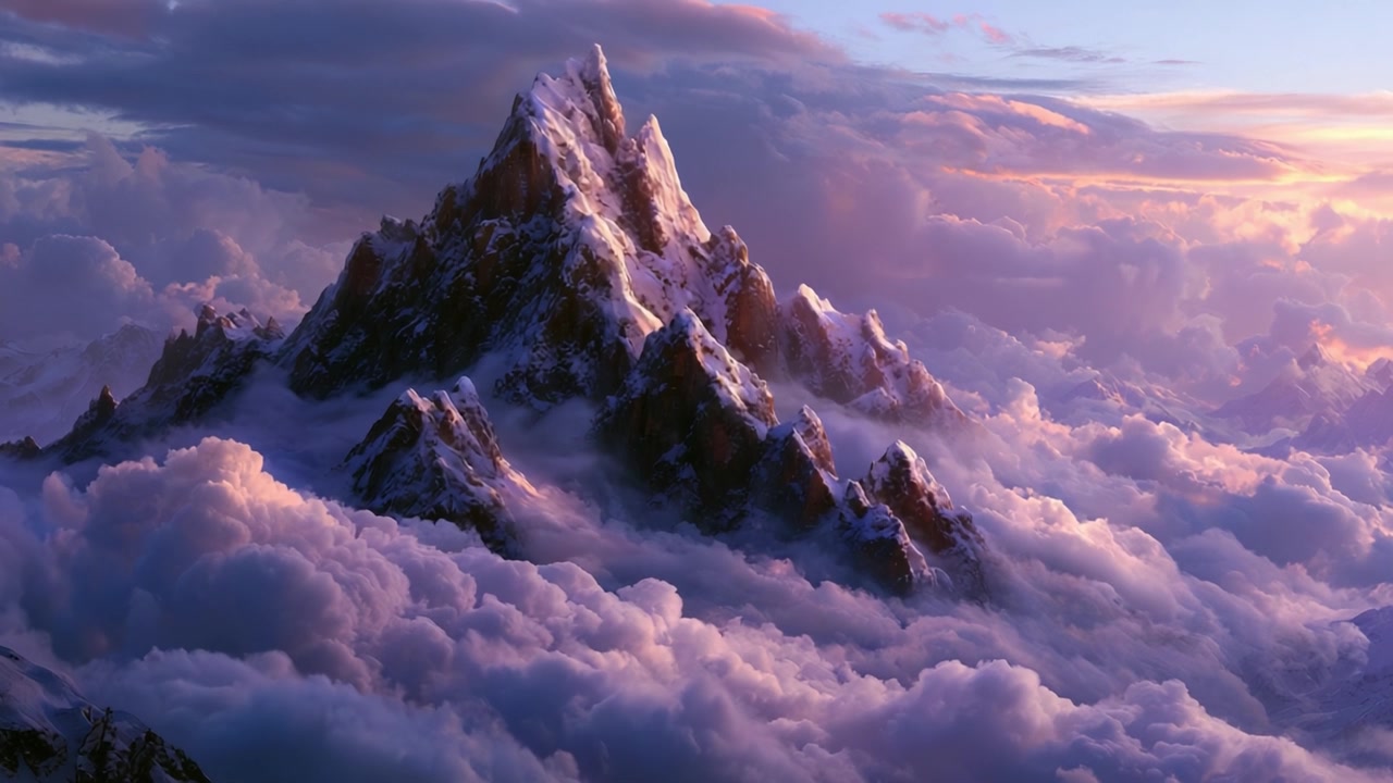 Pics montagneux majestueux entourés de nuages éthérés à l'aube, capturant la splendeur de la nature dans un paysage à couper le souffle