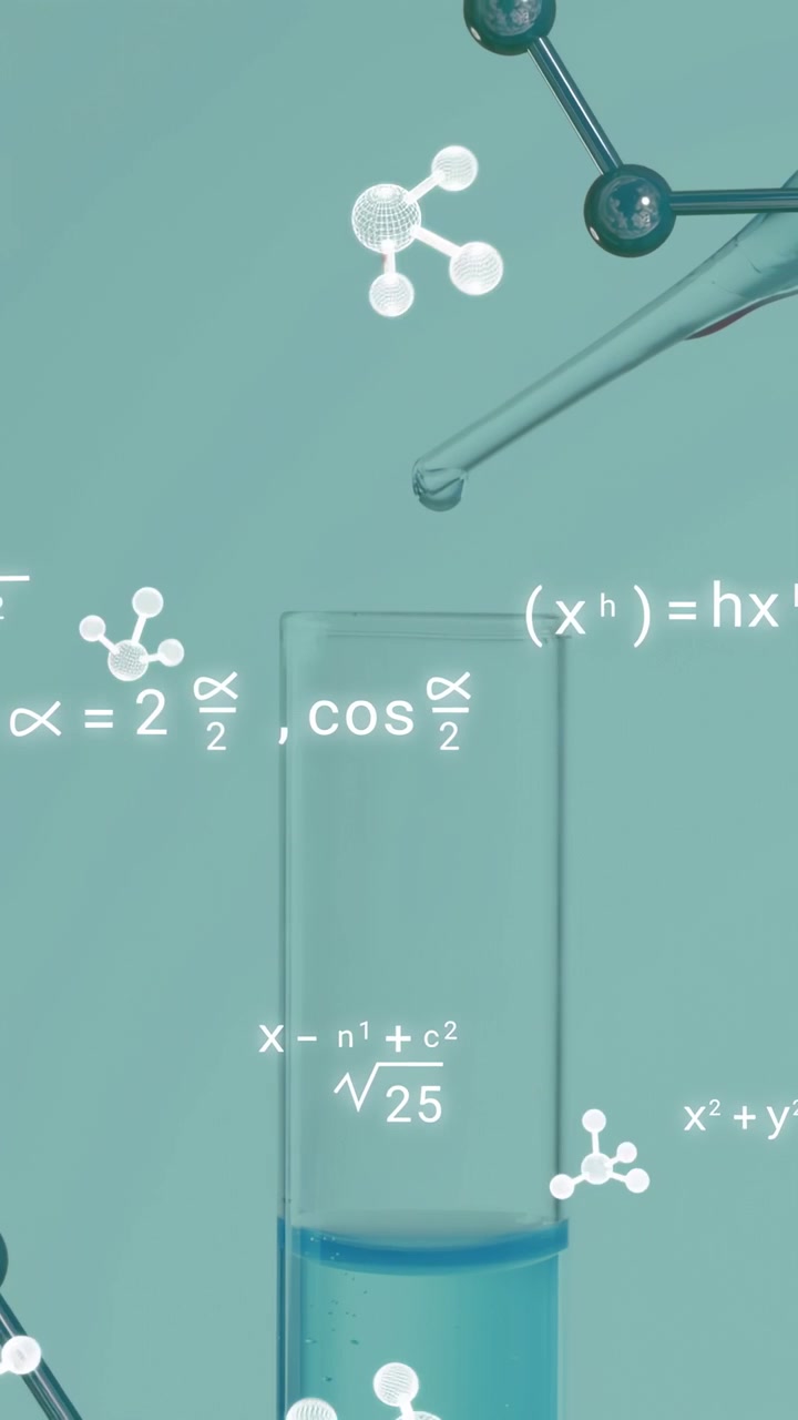 Vertical video: Tube getting drop from pipette, liquid rising as 3D icons and math floating for lab