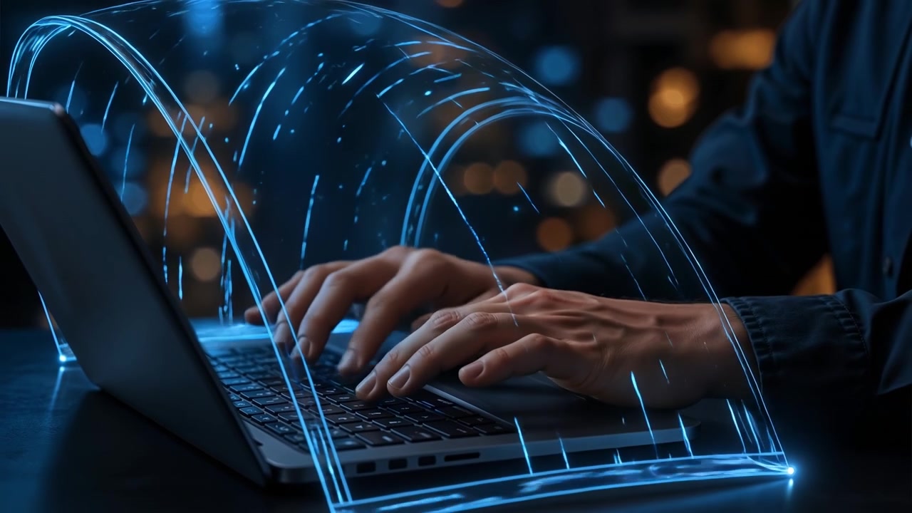 Person typing on a laptop keyboard with a glowing digital security lock icon for cyber safety