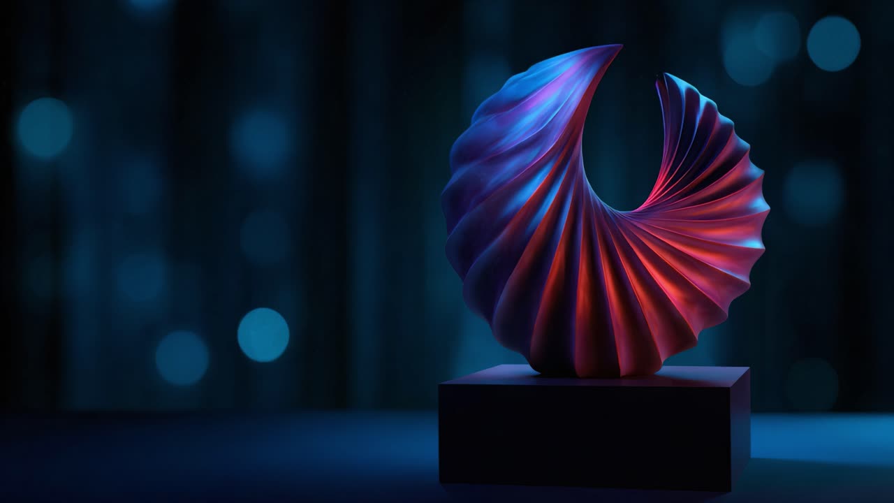 Accattivante scultura a conchiglia a spirale illuminata da un'illuminazione artistica, che ne evidenzia le texture e le curve uniche su uno sfondo splendidamente sfocato.