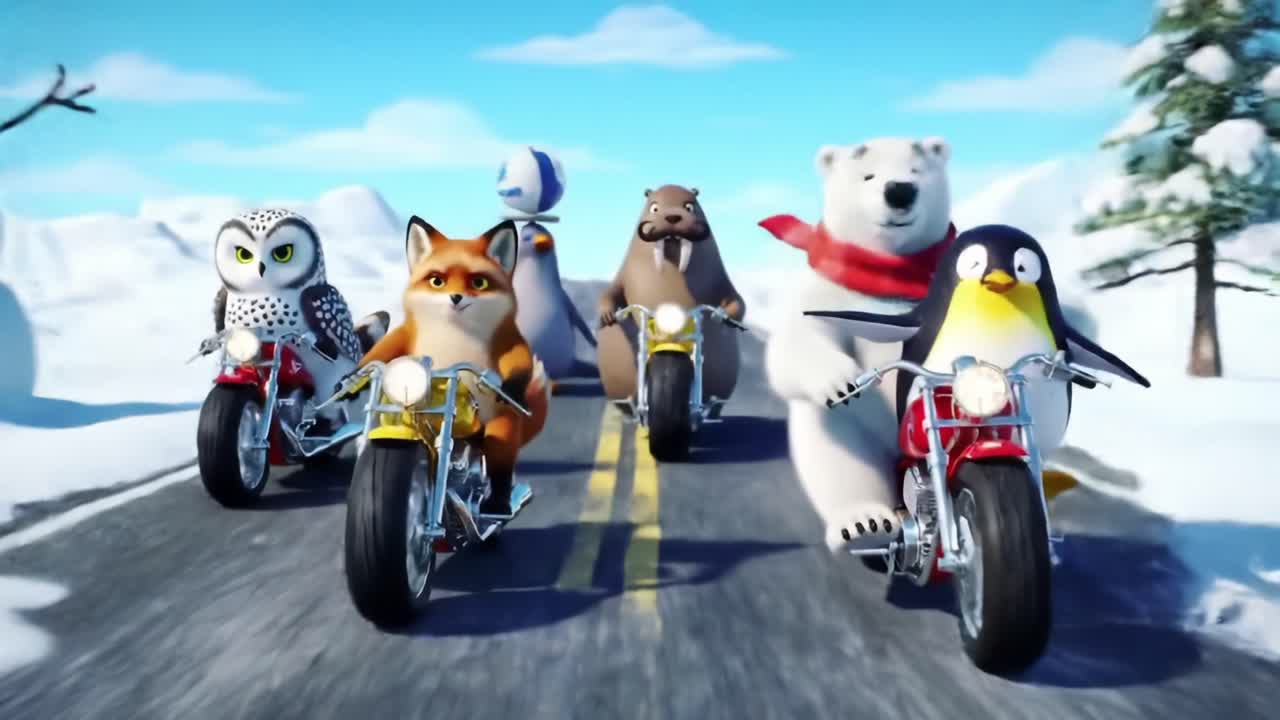 A Thrilling Adventure as Animated Animals Ride Motorcycles Through a Snowy Landscape Full of Fun and Excitement, Engaging in Playful Activities Together