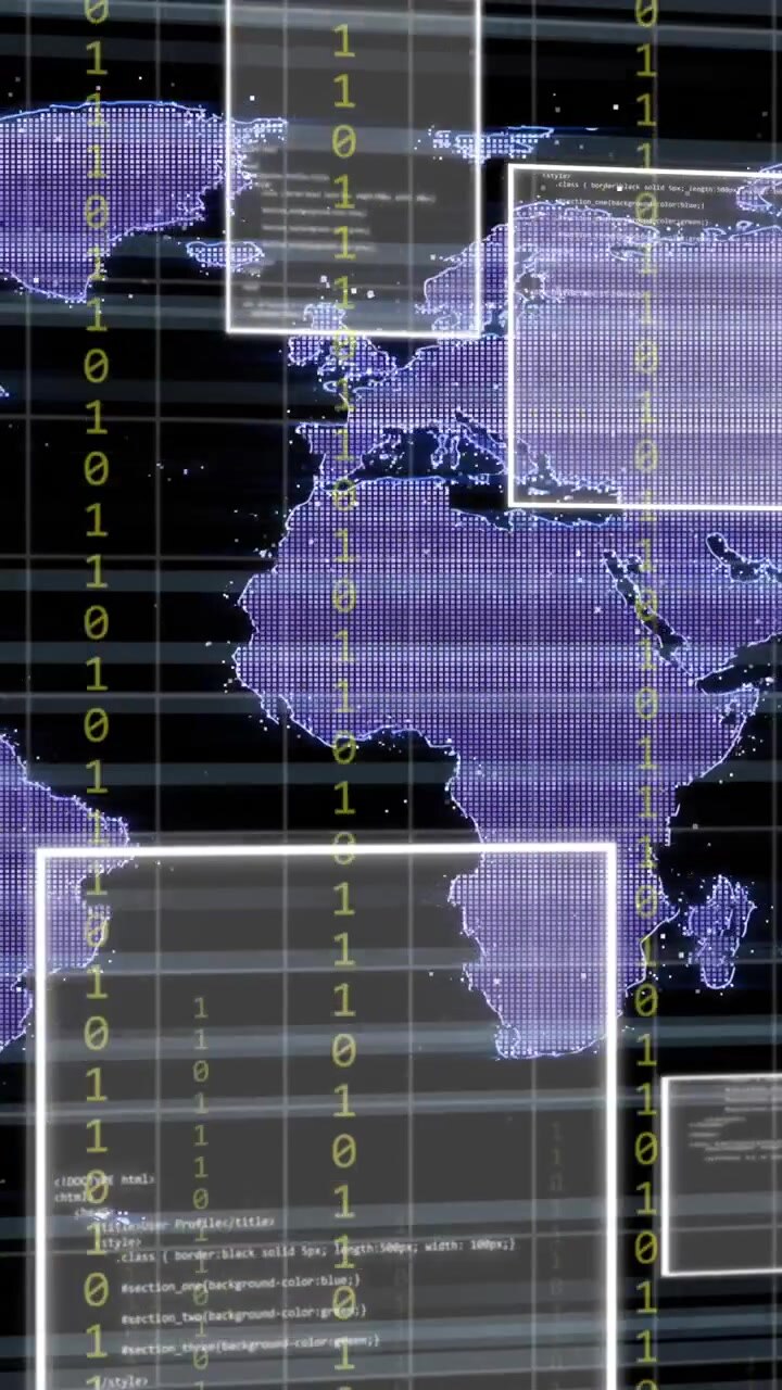 Animation of data processing and binary coding over world map