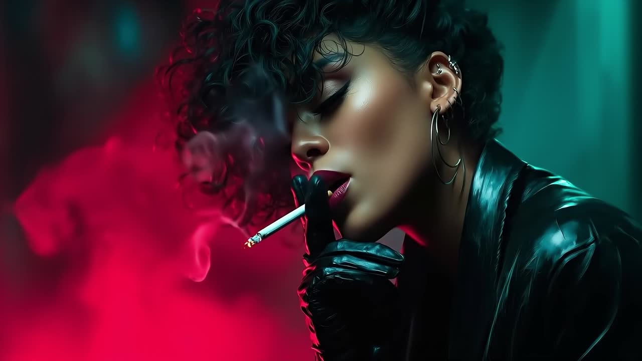 Una donna con una giacca di pelle fuma una sigaretta