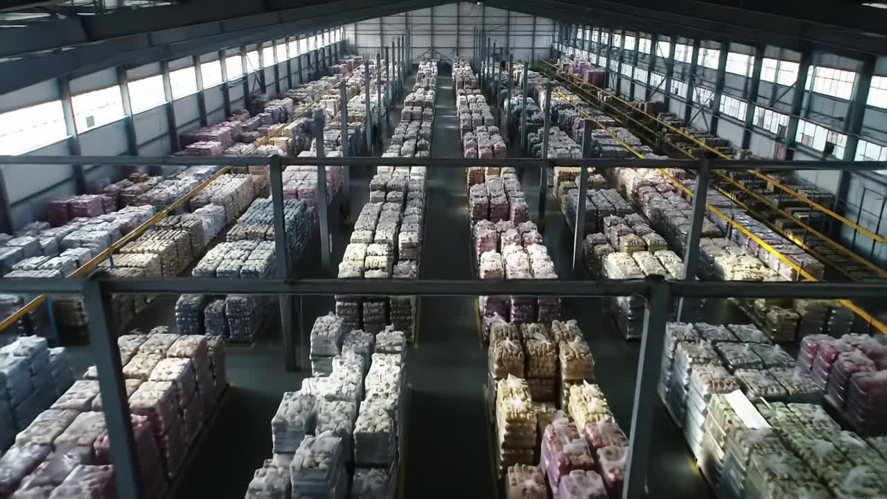 A spacious warehouse showcases rows of textile packages organized with precision. Various colors and materials are stacked high, illustrating a well-managed distribution center's operations.