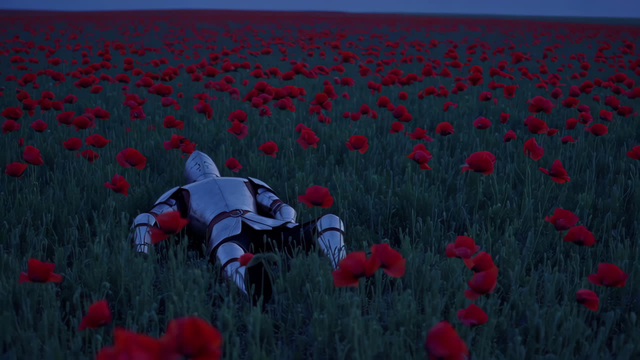 Knight resting in a field of poppies at twilight