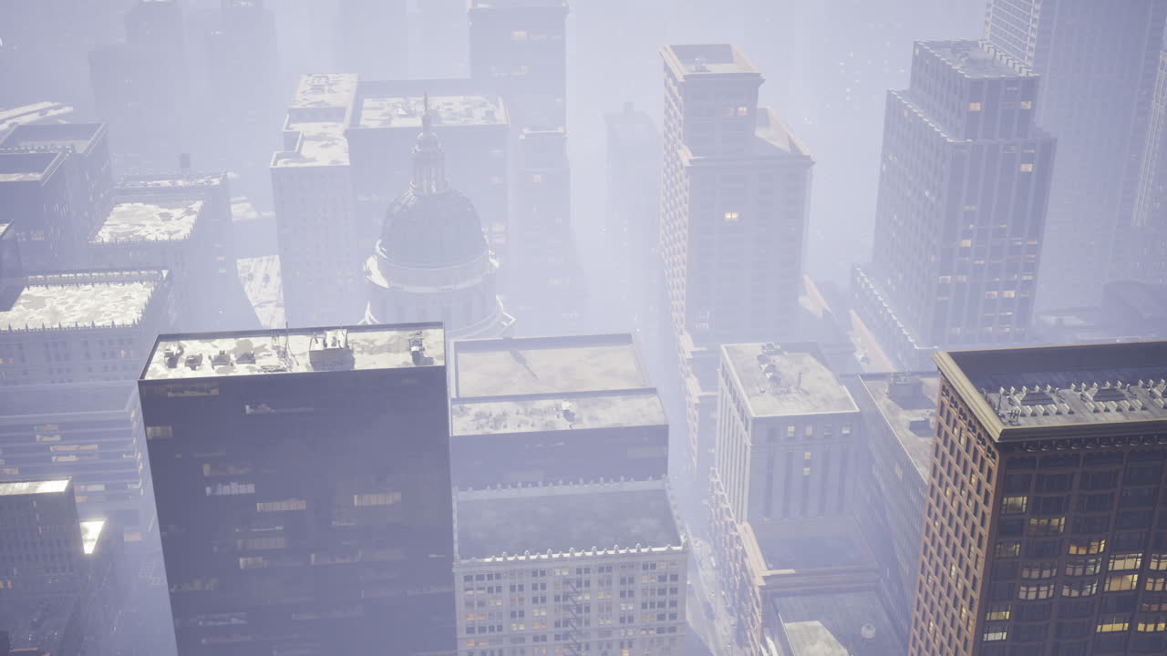 Snowfall blankets city skyline during winter morning in urban landscape