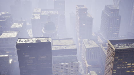 snowfall blankets city skyline during winter morning in urban landscape