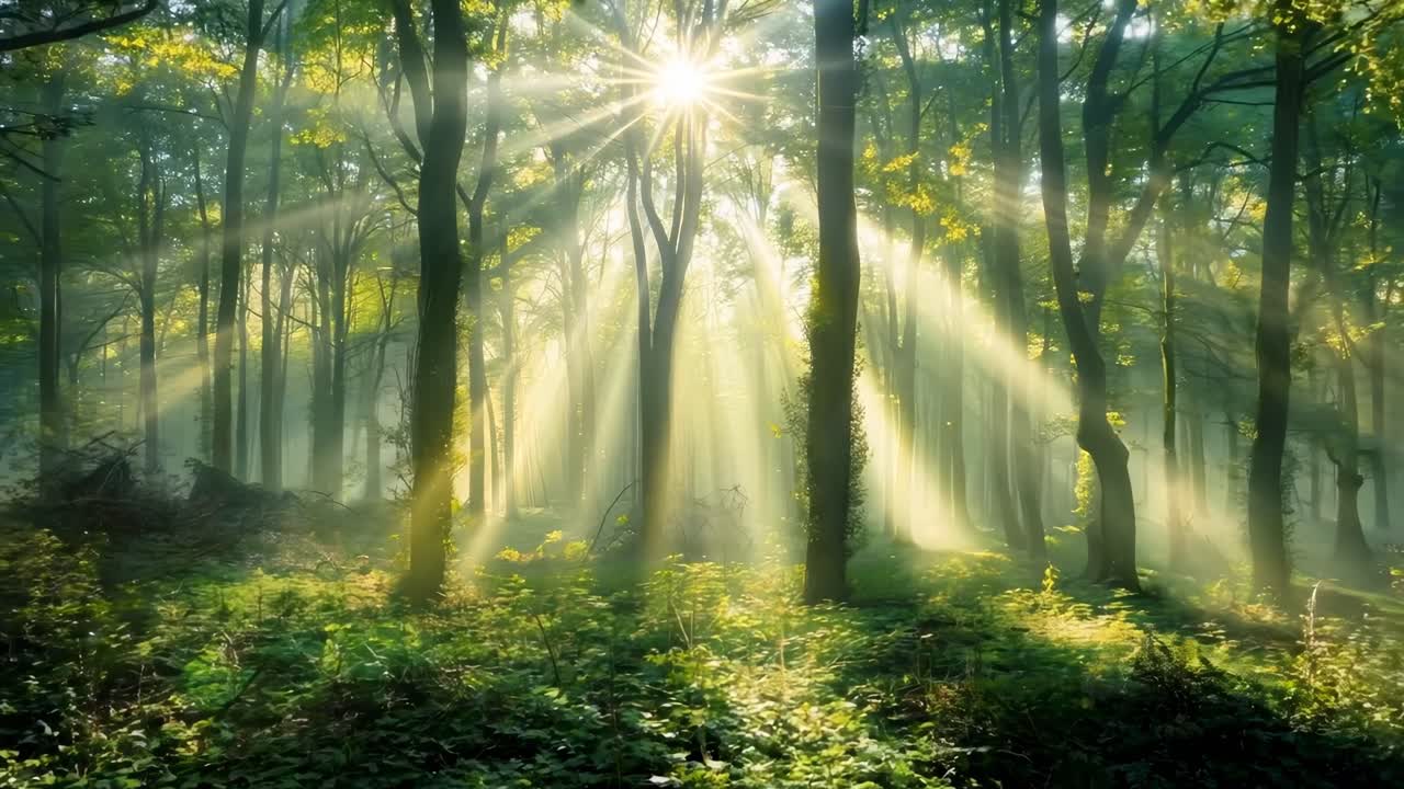 A luz do sol atravessa uma floresta exuberante, criando uma atmosfera serena e etérea.
