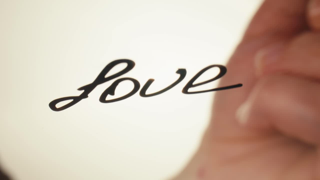 Primo piano di una mano che scrive e cancella la parola Amore