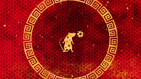 red chinese new year background with gold, rat, fireworks, glittering stars 3d rendering loop 4k. magical happy new year animation