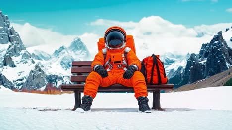 un hombre en un traje espacial naranja sentado en un banco