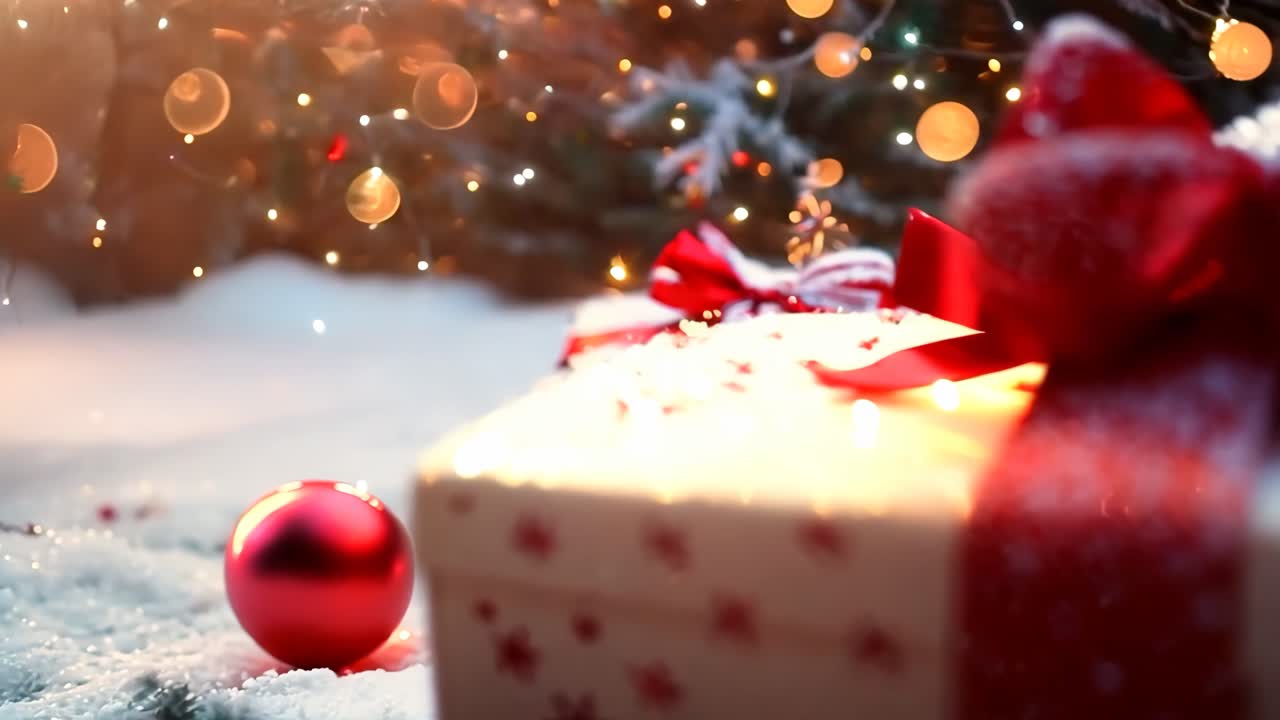 A white box with a red bow on top of it is surrounded by red and white Christmas decorations