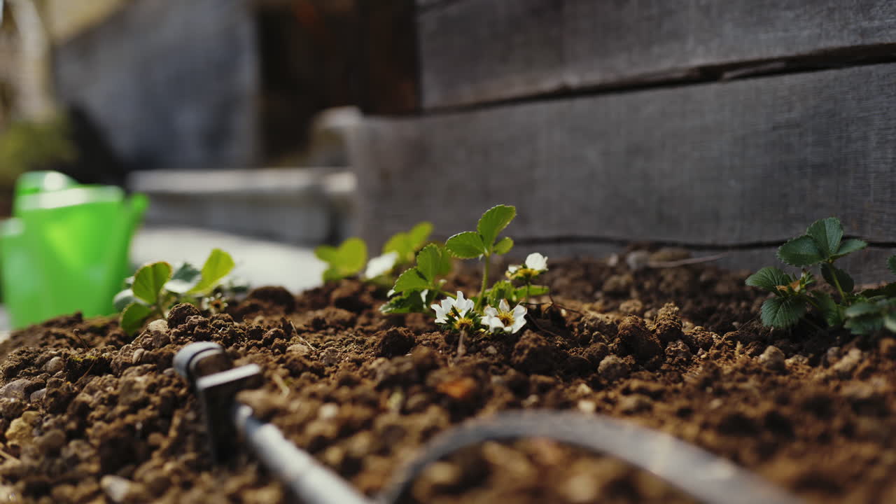Piante di fragole in un letto da giardino