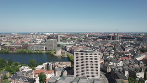 copenhagen from an aerial view, where the lakes, vibrant city center, and bustling office buildings converge, creating a breathtaking panorama