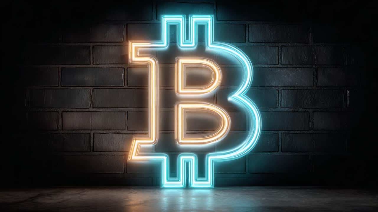 Illuminated Bitcoin Logo Displayed in Neon Lights Against a Dark Brick Wall, Symbolizing Cryptocurrency Culture and Digital Finance Innovations