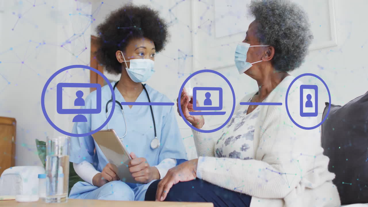 Healthcare communication animation over doctor and patient discussing medical information