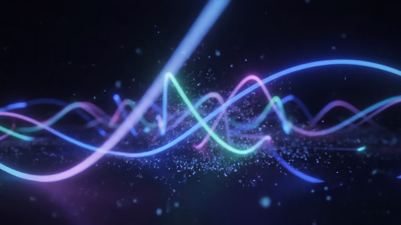 Abstract Neon Wavy Lines with Glowing Particles on Dark Background