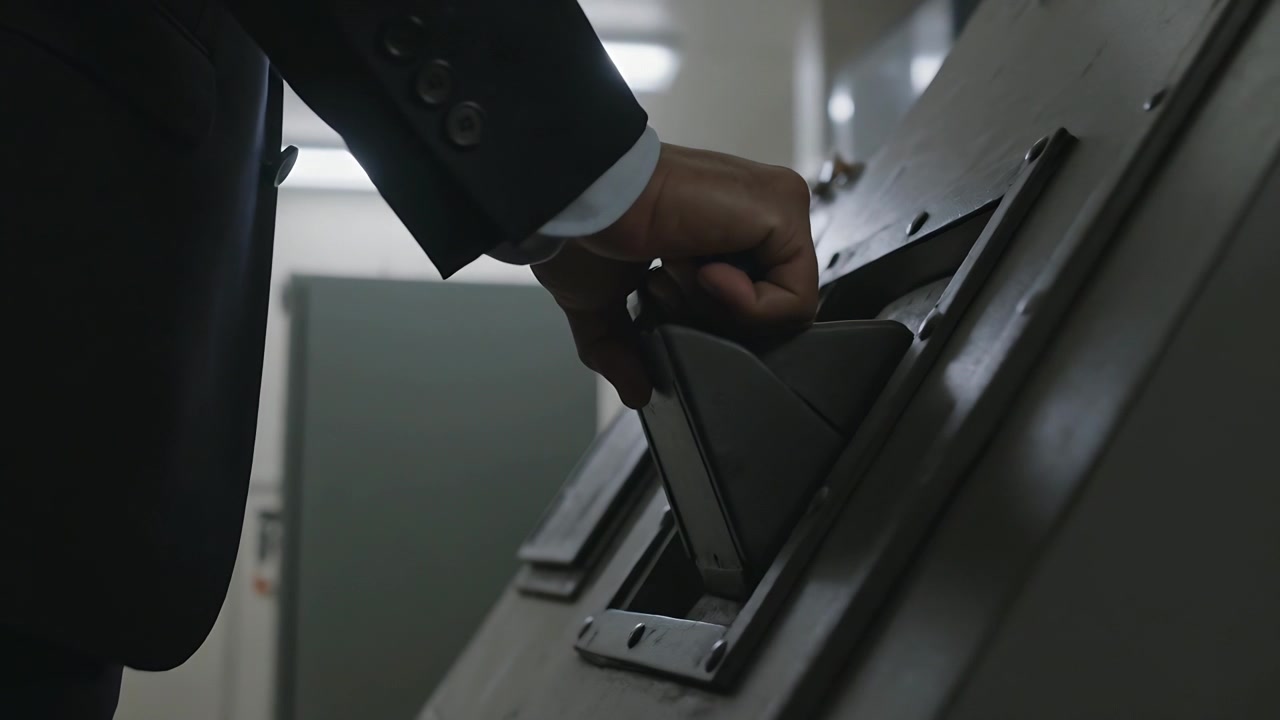Reaching panel, man in suit inserting slim cartridge into slanted console with latch, copy space