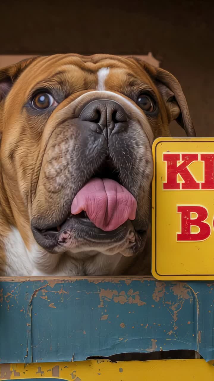 Vertikal video: Nysgerrig bulldog, der følger bevægelser bag kameraet bag en blå kant, tunge og gult skilt