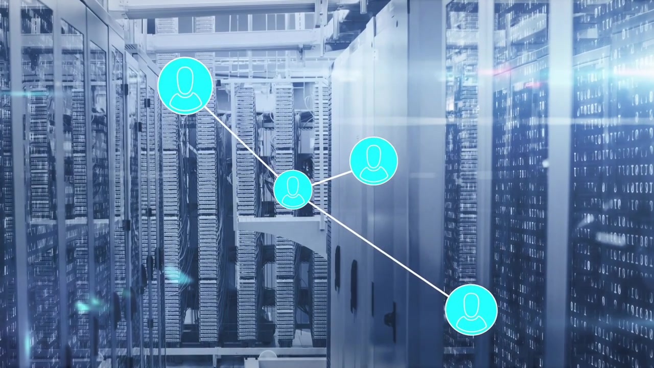 Network overlay forming after cyan node appears right, becoming icons linking to hub to map links